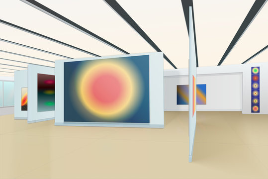 hall of the picture gallery with modern abstract paintings, striped ceiling, window with green glass and shadows on the brown floor