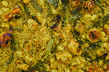 Close-up of the traditional Paella Valenciana Mediterranean dish