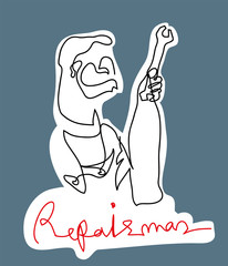 Repairman holding wrench.

Black and white simple line drawing of repairman with color background.