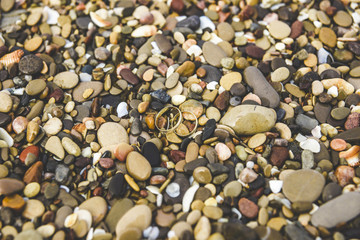 Gold wedding rings on the rocks of a beach.