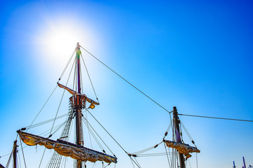 Sails and ropes of the main mast of a caravel ship, Santa María Columbus ships