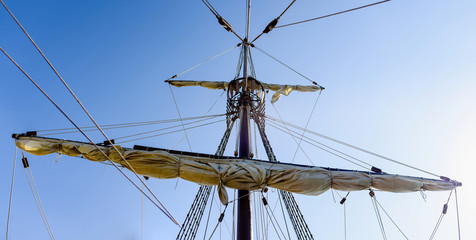 Sails and ropes of the main mast of a caravel ship, Santa María Columbus ships