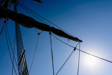 Sails and ropes of the main mast of a caravel ship, Santa Mar&iacute;a Columbus ships