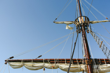 Sails and ropes of the main mast of a caravel ship, Santa María Columbus ships
