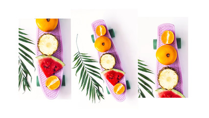collage. on skate beautifully serve sliced fruit. food and sports. life style