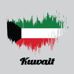 Fototapeta premium Brush style color flag of Kuwait Flag, green white and red color with black trapezium based on the hoist side. with name text Kuwait.