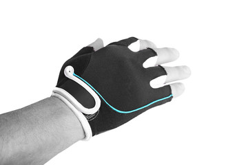 A hand with bicycle glove showing open hand on white background