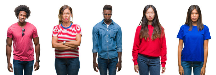 Composition of african american, hispanic and chinese group of people over isolated white background depressed and worry for distress, crying angry and afraid. Sad expression.