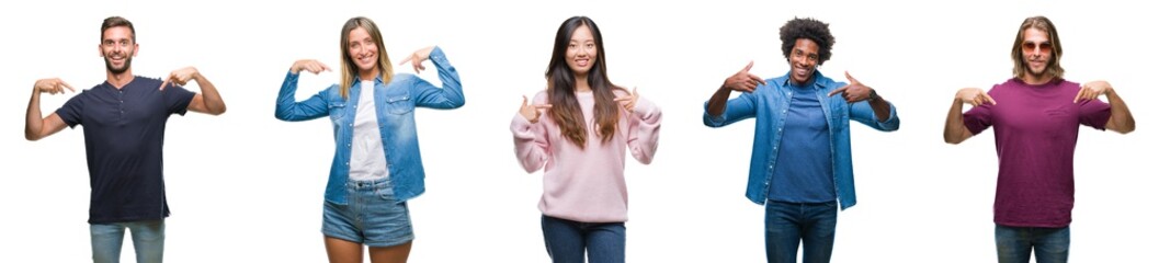 Composition of african american, hispanic and chinese group of people over isolated white background looking confident with smile on face, pointing oneself with fingers proud and happy.