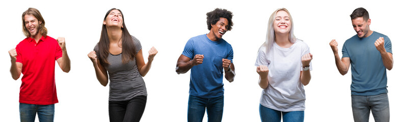 Composition of african american, hispanic and caucasian group of people over isolated white background very happy and excited doing winner gesture with arms raised, smiling and screaming for success