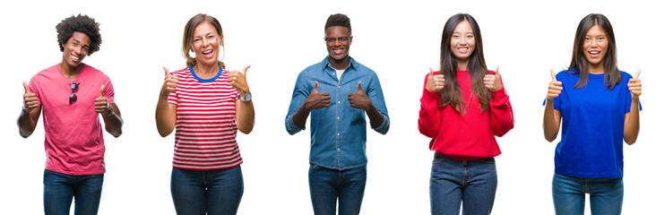 Composition of african american, hispanic and chinese group of people over isolated white background success sign doing positive gesture with hand, thumbs up smiling and happy. Looking at the camera