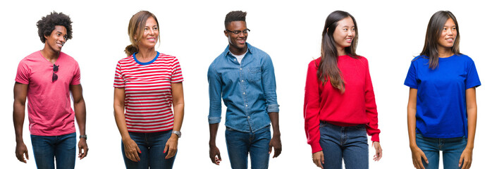 Composition of african american, hispanic and chinese group of people over isolated white background looking away to side with smile on face, natural expression. Laughing confident.