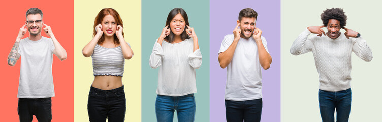 Composition of african american, hispanic and chinese group of people over vintage color background...
