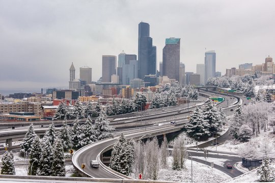 Downtown Seattle blanketed in snow