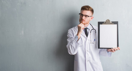 Young redhead doctor man over grey grunge wall holding clipboard serious face thinking about...