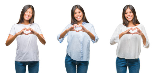 Collage of asian young woman standing over white isolated background smiling in love showing heart symbol and shape with hands. Romantic concept.