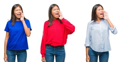 Obraz premium Collage of asian young woman standing over white isolated background shouting and screaming loud to side with hand on mouth. Communication concept.