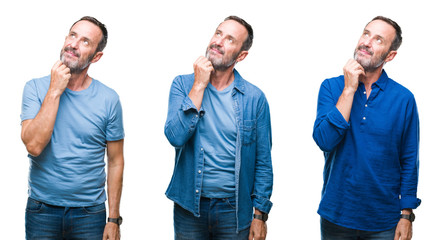 Collage of handsome senior hoary man standing wearing blue shirt over isolated background with hand on chin thinking about question, pensive expression. Smiling with thoughtful face. Doubt concept.