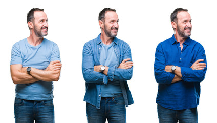 Collage of handsome senior hoary man standing wearing blue shirt over isolated background looking...