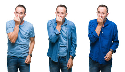 Collage of handsome senior hoary man standing wearing blue shirt over isolated background looking stressed and nervous with hands on mouth biting nails. Anxiety problem.