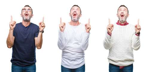 Collage of handsome senior hoary man standing over isolated background amazed and surprised looking up and pointing with fingers and raised arms.