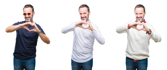 Collage of handsome senior hoary man standing over isolated background smiling in love showing heart symbol and shape with hands. Romantic concept.