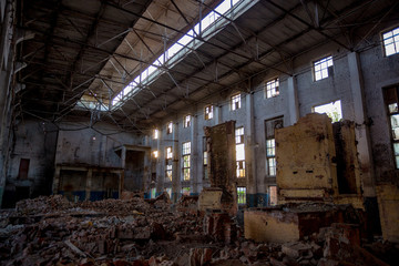 Abandoned rusted ruined industrial hall waiting for demolition. Former Voronezh excavator plant