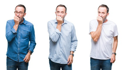 Collage of handsome senior hoary man standing over isolated background looking stressed and nervous with hands on mouth biting nails. Anxiety problem.