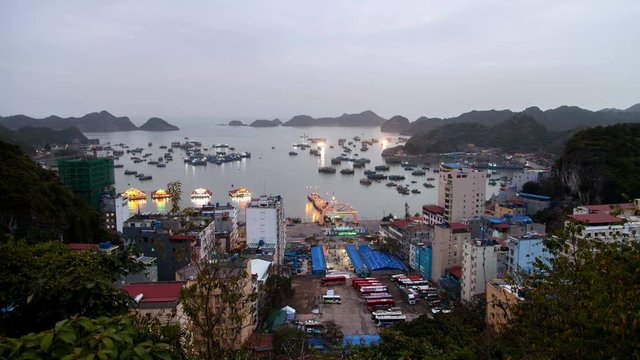 landscape of City Cat Ba Island sunset, Ha Long Bay, Vietnam timelapse