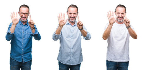 Collage of handsome senior hoary man standing over isolated background showing and pointing up with fingers number six while smiling confident and happy.