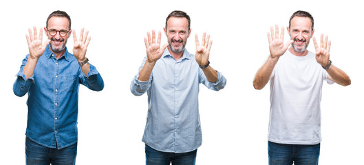 Fototapeta premium Collage of handsome senior hoary man standing over isolated background showing and pointing up with fingers number nine while smiling confident and happy.