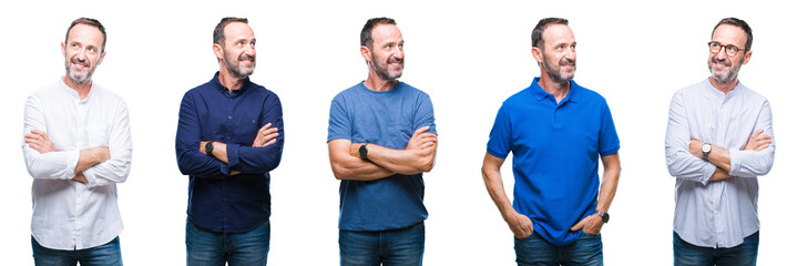 Collage of handsome senior hoary elegant business man standing over isolated background smiling looking side and staring away thinking.