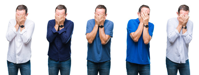 Obraz premium Collage of handsome senior hoary elegant business man standing over isolated background with sad expression covering face with hands while crying. Depression concept.