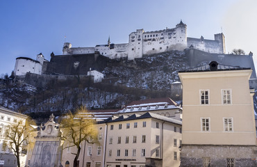 Hohensalzburg Castle, Salzburg, Austria viewed from the town below in late afternoon light