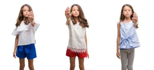 Obraz premium Collage of hispanic young child over isolated background doing stop sing with palm of the hand. Warning expression with negative and serious gesture on the face.