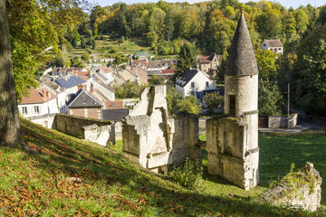 View of the village from medieval castle of Pierrefonds, Picardy, France. Original ruin in the...