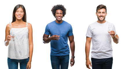 Collage of people drinking glass of water over isolated background with a happy face standing and...