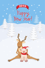 New year 2019 card with reindeer and piggy