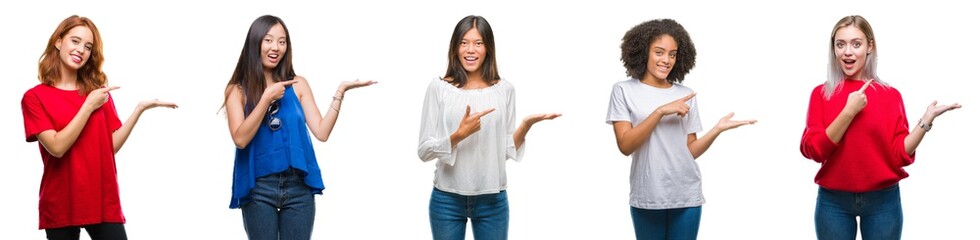 Collage of group of beautiful Chinese, asian, african american, caucasian women over isolated background amazed and smiling to the camera while presenting with hand and pointing with finger.