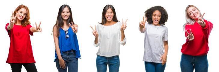 Collage of group of beautiful Chinese, asian, african american, caucasian women over isolated background smiling looking to the camera showing fingers doing victory sign. Number two.