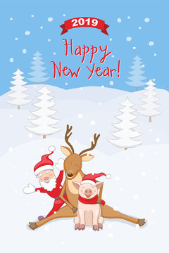 New year 2019 card with reindeer, santa and piggy
