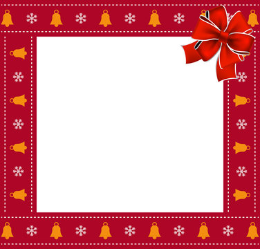 Christmas or new year square border frame with bells and snowflakes pattern and red bow