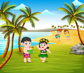 the beautiful summer season in the beach with the children using the hawaii costume  
