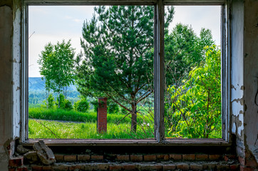 View from the window of the destroyed abandoned building on the street. Trees, garden, road and mountain.