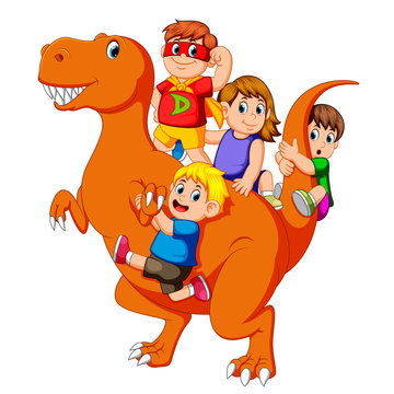 the children and some of them use the costume and they get into the Tyrannosaurus Rex's body and then some of them holding his tail
