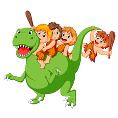 a group of ancient children playing with the Tyrannosaurus Rex's body and sitting on it 
