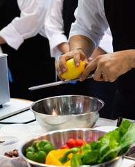 Chef preparing food, meal, in the kitchen, chef cooking, Chef decorating dish, closeup, .chef at work.