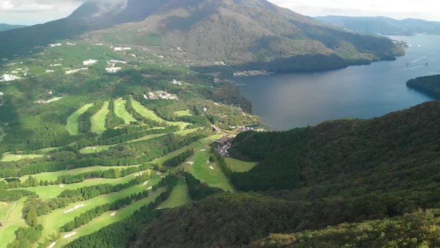 Aerial view of lake Ashi and golf course, Hakone, Japan