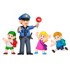 the police using the stop signboard to help the children pass the zebra cross
