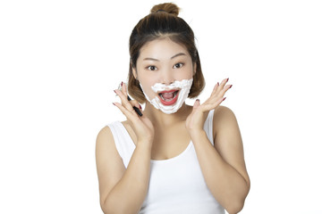 Chinese woman  shaving isolated on a white background